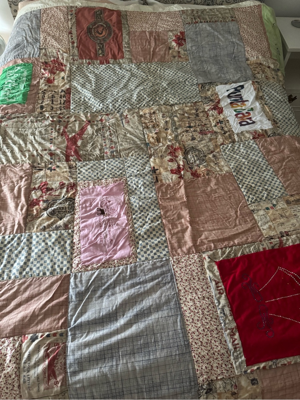 Patchwork Quilt Bedspread in Pink, Beige and Blue approx. 88 by 82 inches